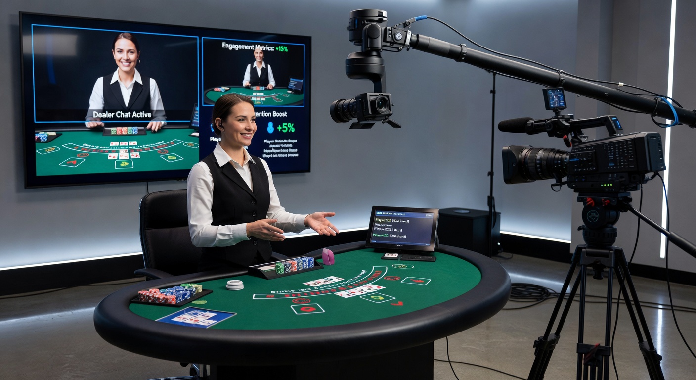Dealer bei der Interaktion mit Spielern während eines Live Blackjack-Spiels, mit Chat-Fenster sichtbar