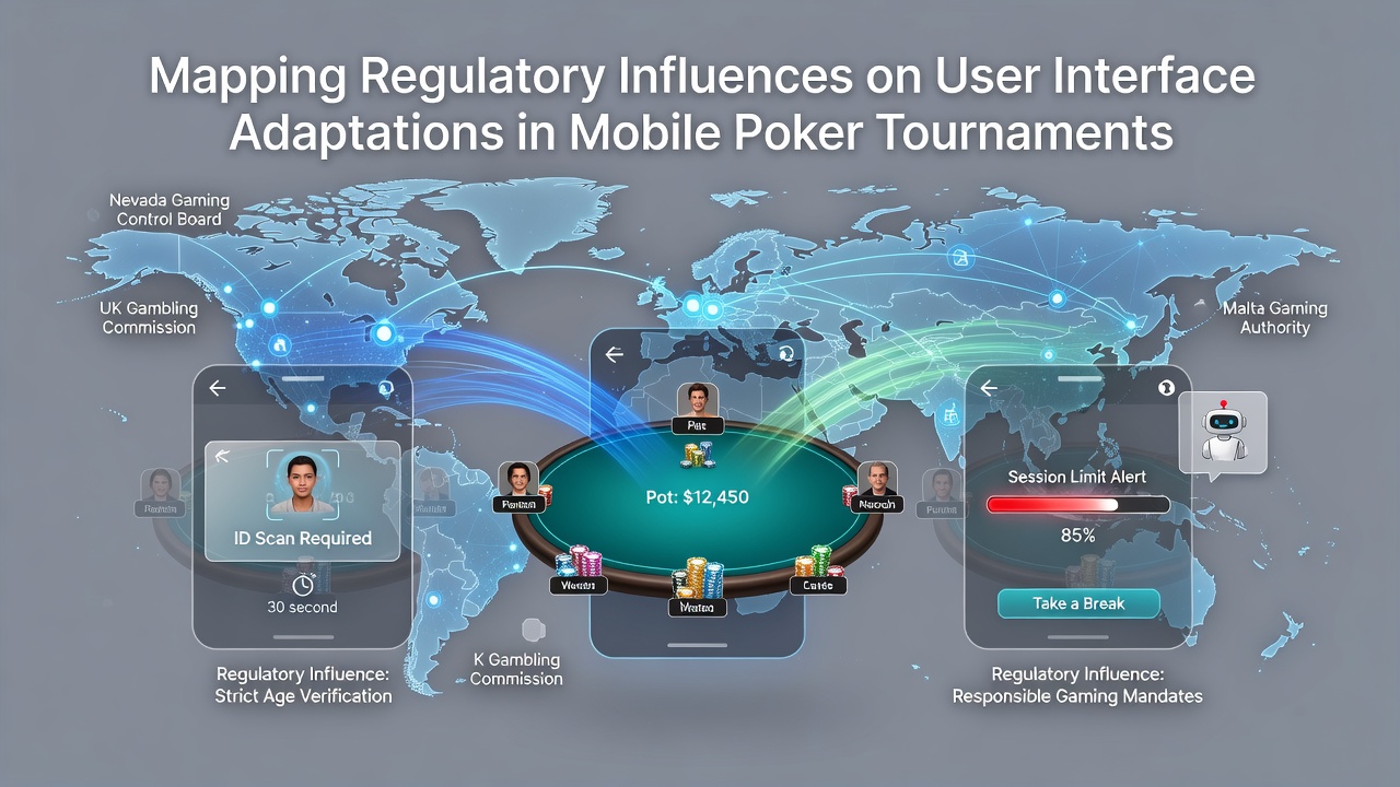 Darstellung regulatorischer Einflüsse auf mobile Poker-Benutzeroberflächen mit Fokus auf Turnier-Layouts und Compliance-Elemente
